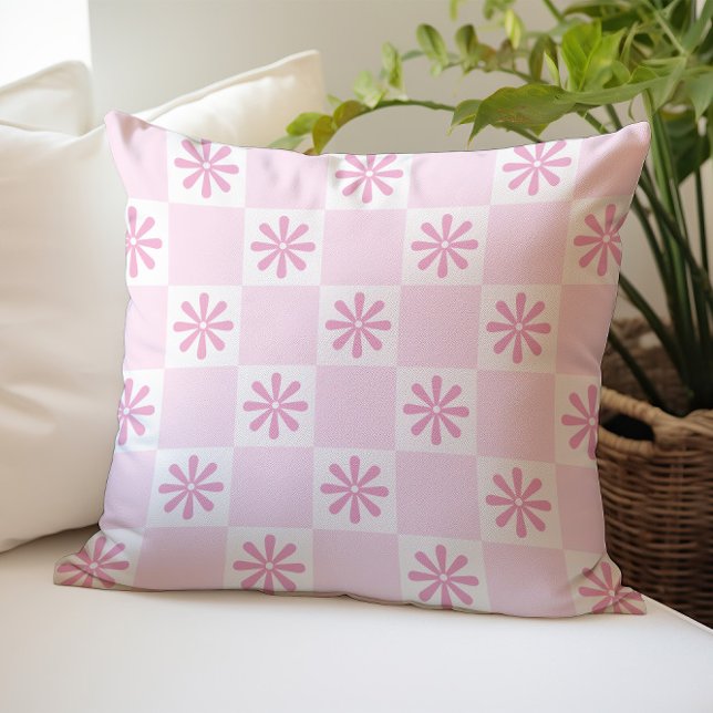 Retro Pink Chequered Floral Pattern Throw Pillow (Creator Uploaded)