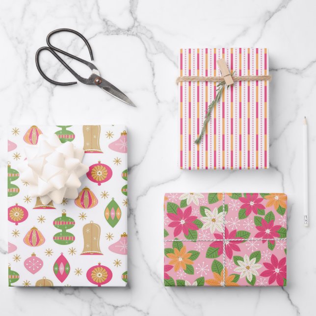 Retro Pink Christmas / Holiday Gift Wrapping Wrapping Paper Sheet (Front)