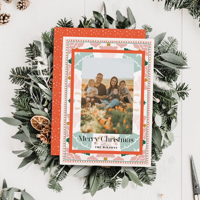 Retro Pink Christmas Trees Holiday Photo Card (Creator Uploaded)