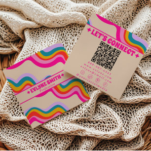 Retro Pink Colorful Rainbow QR Code Boho Groovy Square Business Card