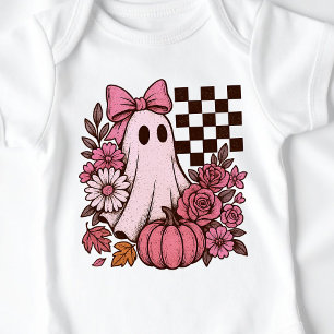 Retro Pink Coquette Ghost Girl with Bow Halloween Baby Bodysuit