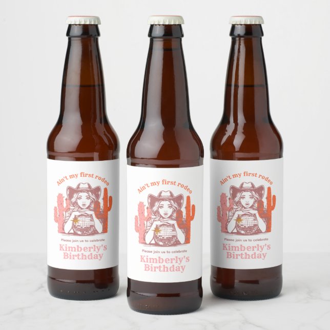 Retro Pink Cowgirl Disco Ball Birthday Party Beer Bottle Label (Bottles)