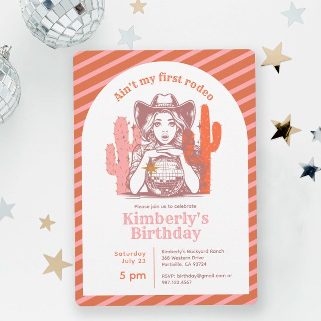 Retro Pink Cowgirl Disco Ball Birthday Party Invitation (Creator Uploaded)