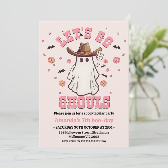Retro Pink Cowgirl Go Ghouls Halloween Birthday Invitation (Standing Front)