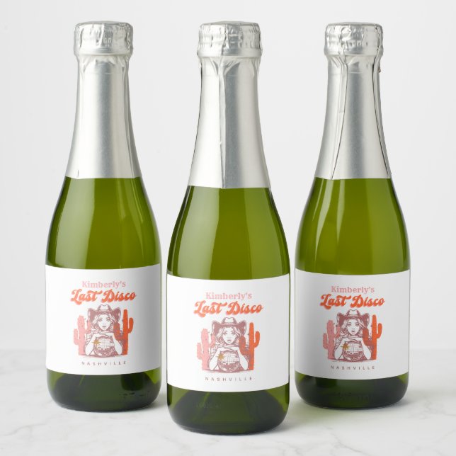 Retro Pink Cowgirl Last Disco Bachelorette Party  Sparkling Wine Label (Bottles)