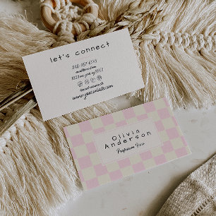Retro Pink Cream Wavy Checkered Boho Pastel Business Card