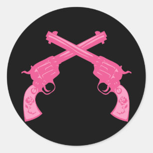 Retro Pink Crossed Pistols Classic Round Sticker