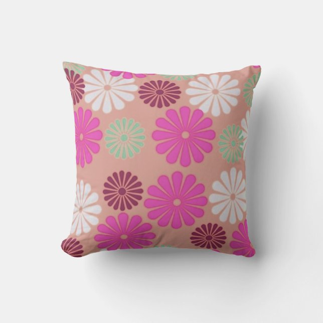 Retro Pink Daisies Throw Pillow (Front)