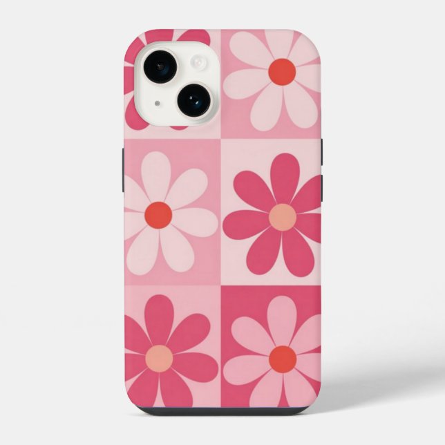Retro Pink Daisy Chequerboard Pattern iPhone Case (Back)