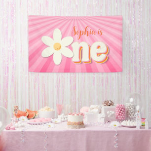 Retro Pink Daisy First Birthday Banner