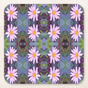 Retro Pink Daisy Flower Pattern Square Paper Coaster