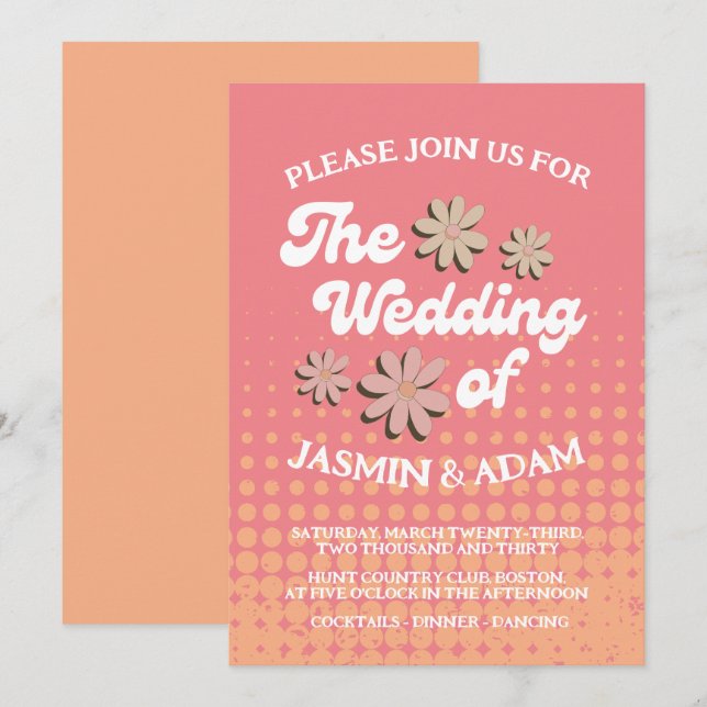 Retro Pink Daisy Groovy Wedding Invitation (Front/Back)