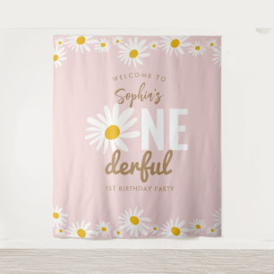 Retro Pink Daisy ONEderful 1st Birthday Party Tapestry