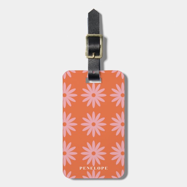 Retro Pink Daisy Print Luggage Tag (Front Vertical)