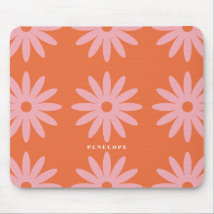 Retro Pink Daisy Print With Name Mouse Pad