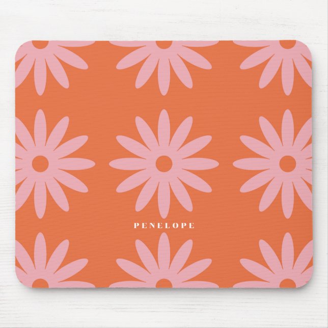 Retro Pink Daisy Print With Name Mouse Pad (Front)