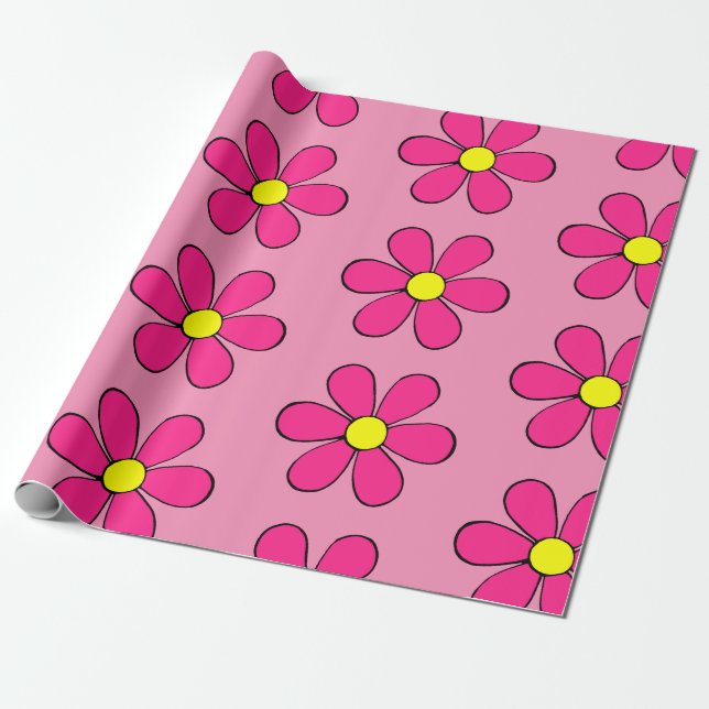 Retro Pink Daisy Wrapping Paper (Unrolled)