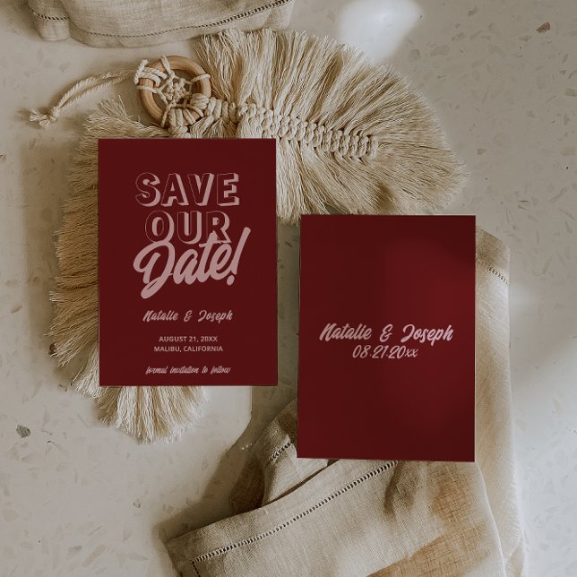 Retro Pink Deep Red Modern Boho Unique Wedding Save The Date (Creator Uploaded)