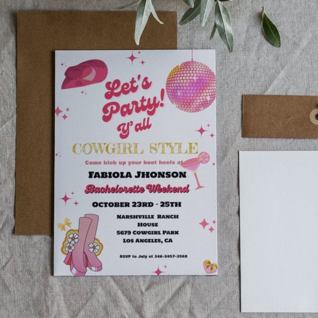Retro Pink Disco Cowgirl Western Bachelorette  Invitation (Creator Uploaded)