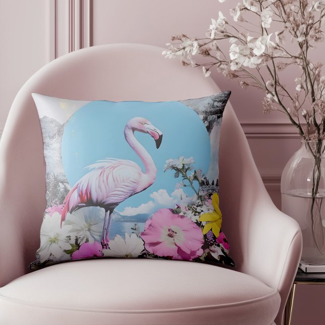 Retro Pink Flamingo Collage Throw Pillow (Elevate your style with this standout piece, ideal for lovers of vintage flair )