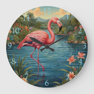 Retro pink flamingo large clock