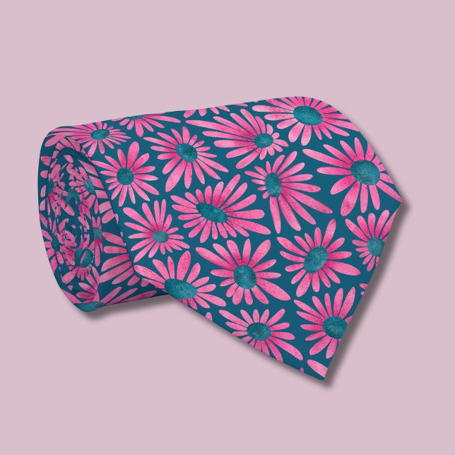 Retro Pink Floral Block Print Daisy Tie (Pink floral daisy retro block print tie)