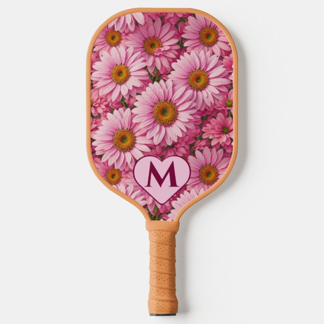 Retro pink floral daisy pattern pickleball paddle (Front)