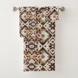 Retro Pink Floral Diamond Mid Century Modern Bath Towel Set