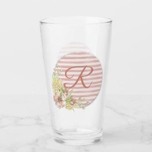 Retro Pink Floral Stripe Design Monogram Drinking Glass