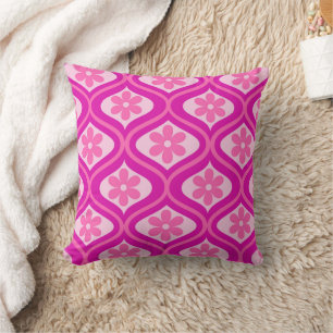 Retro Pink Flowers on Mid Century Ogee Pattern Throw Pillow