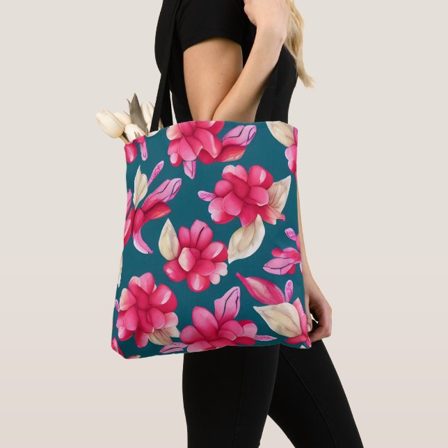 Retro Pink Flowers Pattern  Tote Bag (Close Up)