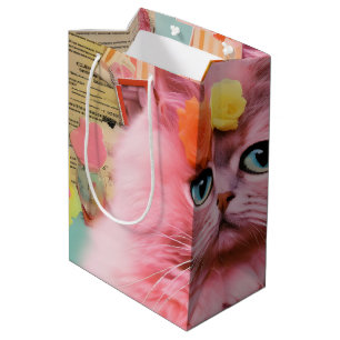 Retro Pink fluffy Cat Collage Medium Gift Bag
