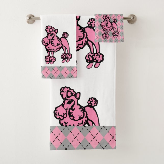 Retro Pink French Poodle Bath Towels Set (Insitu)