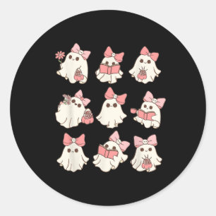Retro Pink Ghost Reading Halloween Gardening Mini Classic Round Sticker