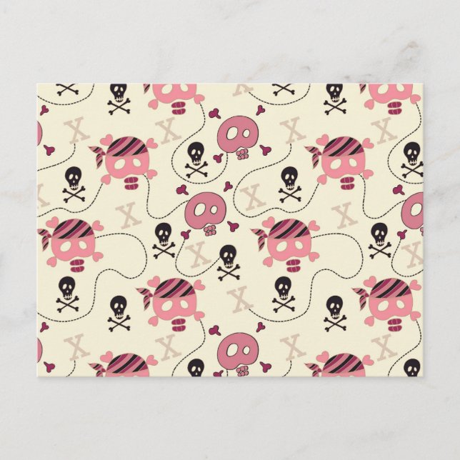 Retro Pink Girly Skull and Bones Postcard (Front)