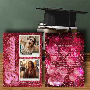 Retro Pink Glitter Disco Ball 2 Photo Graduation Announcement