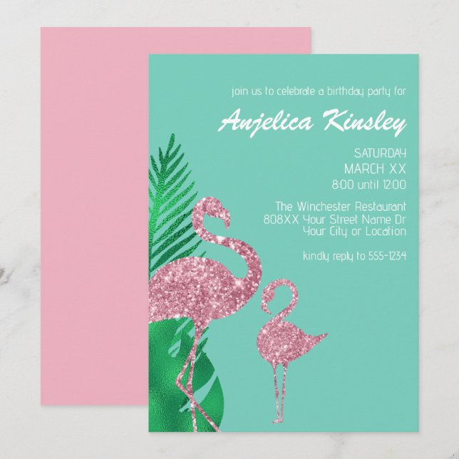 Retro Pink Glitter Flamingo and Palm Leaves Invitation (Front/Back)