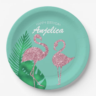 Retro Pink Glitter Flamingo and Palm Leaves Paper Plate
