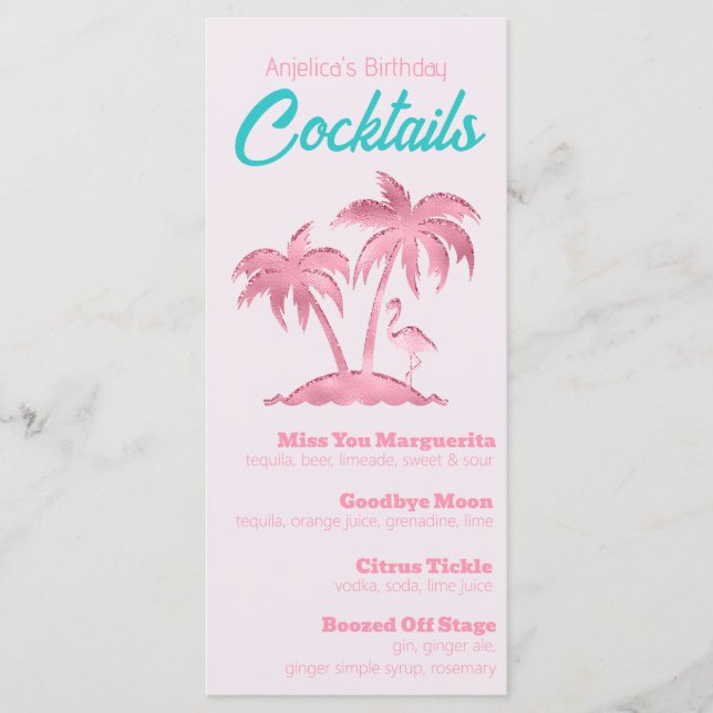 Retro Pink Glitter Flamingo and Palm Trees Menu (Front)