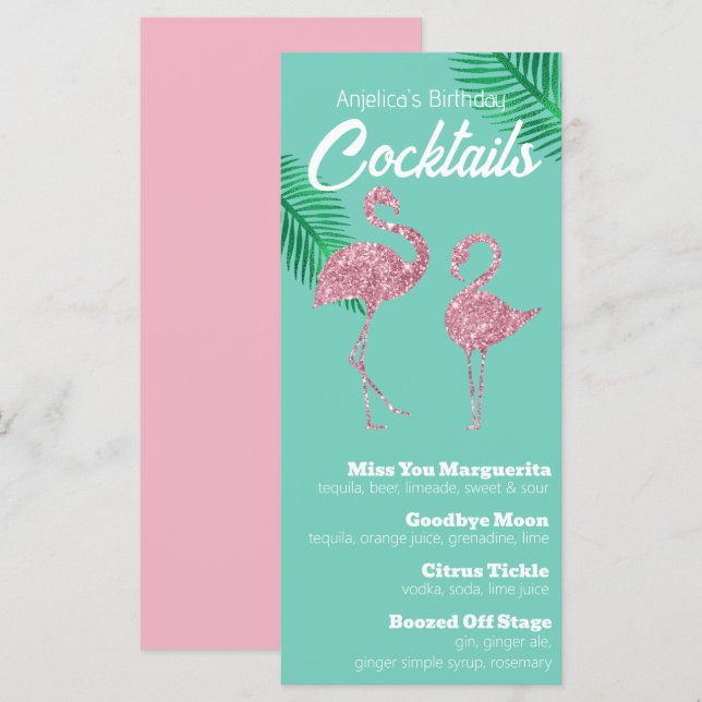 Retro Pink Glitter Flamingos and Palm Leaves Menu (Front/Back)