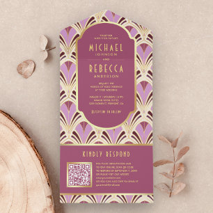 Retro Pink Gold Art Deco Pattern QR Code Wedding All In One Invitation
