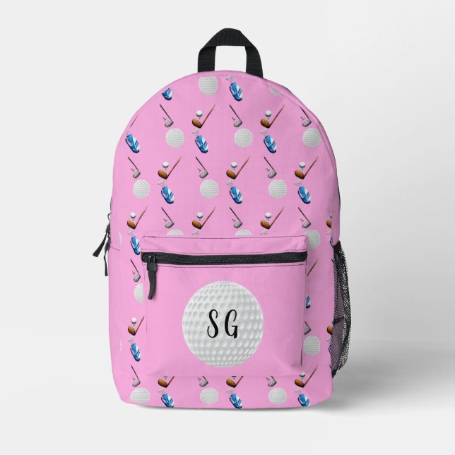 Retro Pink Golf Pattern Monogram  Printed Backpack (Front)
