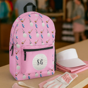 Retro Pink Golf Pattern Monogram Printed Backpack
