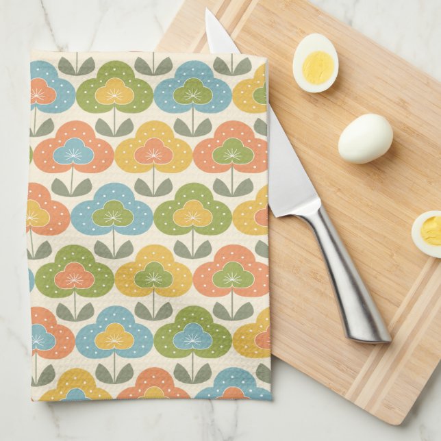 Retro Pink Green Blue Yellow Geometric Flowers Kitchen Towel (Quarter Fold)