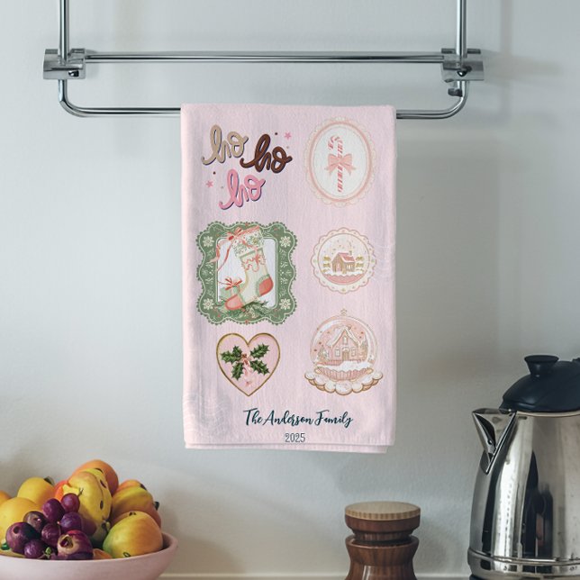 Retro Pink Green Christmas Kitchen Towel (Creator Uploaded)