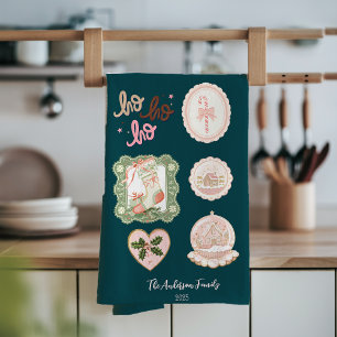 Retro Pink Green Christmas Kitchen Towel