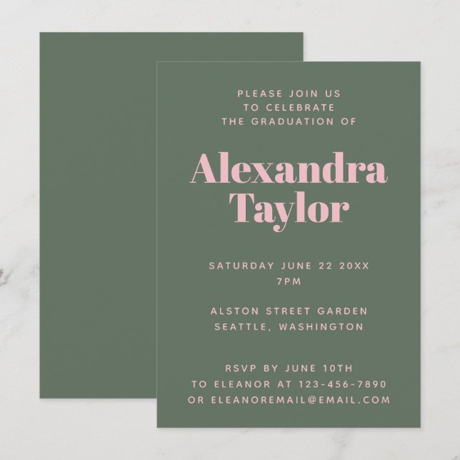Retro Pink Green Cute Aesthetic Graduation Party Invitation (Front/Back)