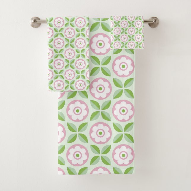 Retro Pink Green Floral Geometric Pattern Bath Towel Set (Insitu)
