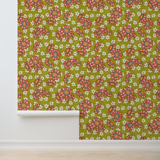 Retro Pink & Green Flowers Pattern Wallpaper (Application)