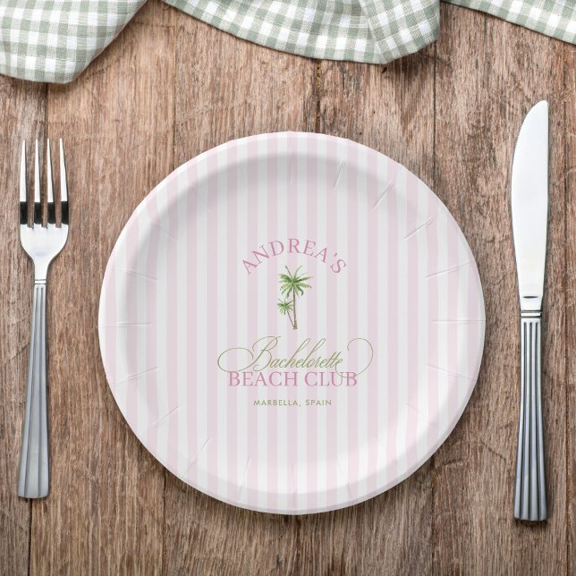 Retro Pink & Green Palm Tree Beach Bachelorette Paper Plate (Creator Uploaded)